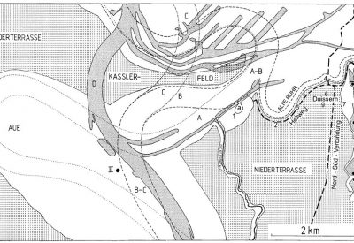 Duisburg und Umgebung mit alten Rhein- und Ruhrläufen.