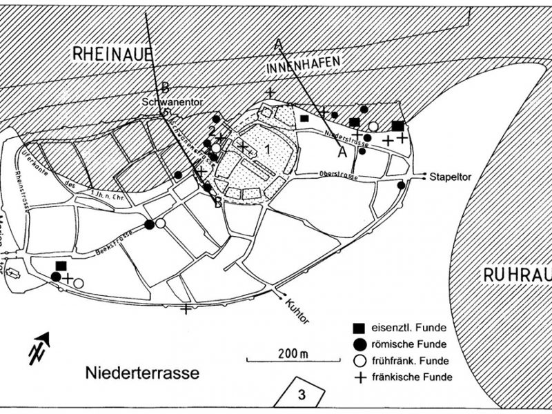 Duisburger Altstadt mit eisenzeitlichen, römischen und fränkischen Siedlungsresten von der 1. Hälfte des 5. (frühfränkisch) bis ins 8. Jahrhundert.